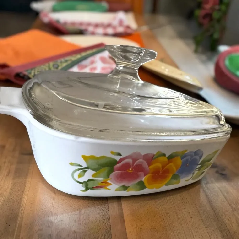 Vintage Corning Ware Summer Blush Pansy 1 Qt Casserole Glass Lid 1990s Floral